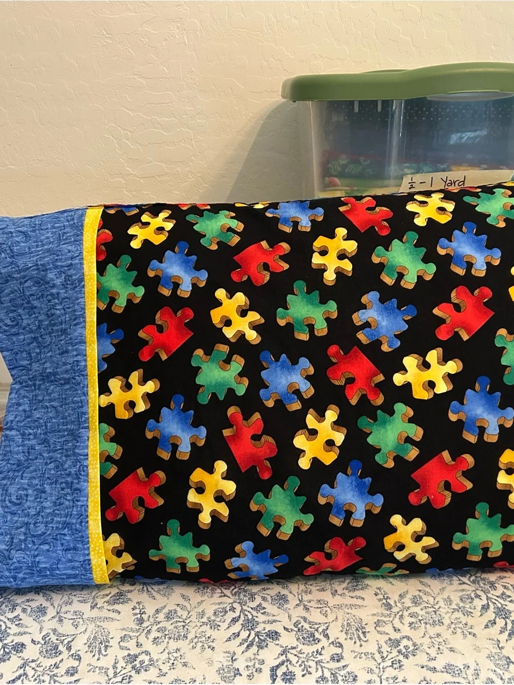 Kids Puzzle Piece Pillowcase in Black with Multicolor Pieces